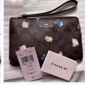 Coach Brown Floral Wristlet Clutch with Pink and Blue Accents